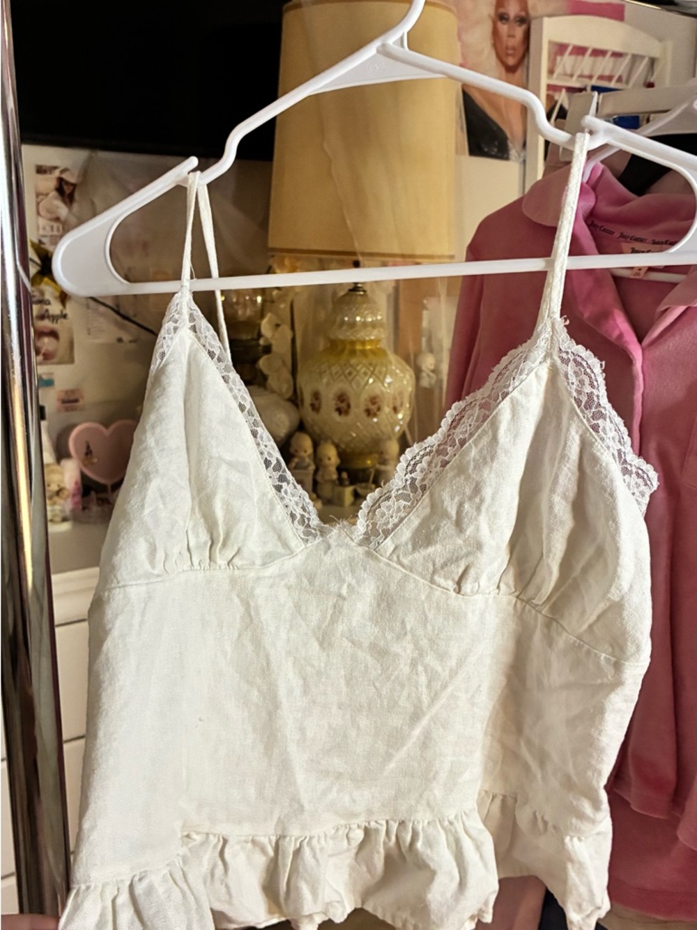 Lace-Trim Cream Camisole Chemise with Ruffle Hem